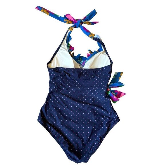Matilda Jane Navy Sandcastle Queen Halter One-Piece Size M Polka Dot Floral Ruch - Picture 4 of 7